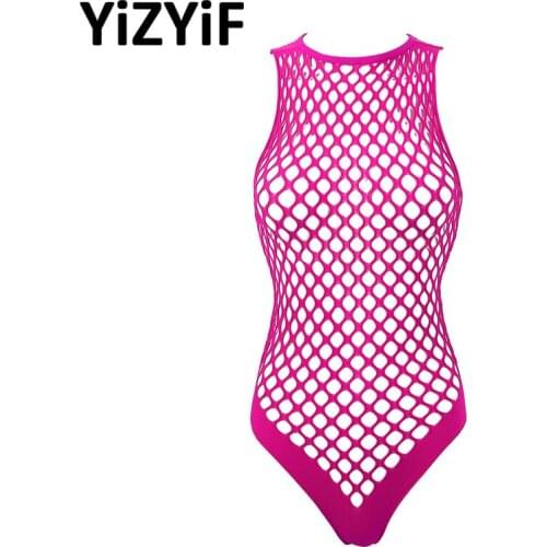 Women Sexy Hollow Out Netted Bodystockings One-piece Bodysuit Lingerie Erotic Costume Stretchy Sleeveless See Through Bodysuits