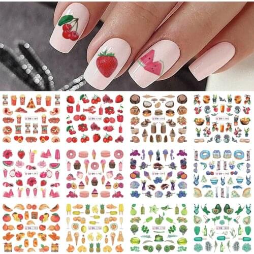 12pcs Cute Cartoon Fruit Water Stickers For Nails Cherry Strawberry Watermelon Papaya Sliders DIY Manicure Tattoos LYBN1789-1800