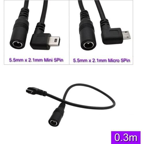3A DC 5.5mm x 2.1mm Barrel Jack to Micro 5P / mini 5P Male Power Connector Short Cable 0.3M