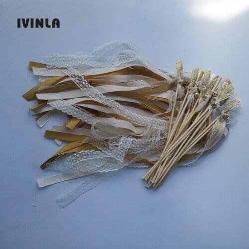 50pcs/lot Gold wedding wands Twirling Streamers wedding ribbon stick with cream lace and gold bell for wedding decoration