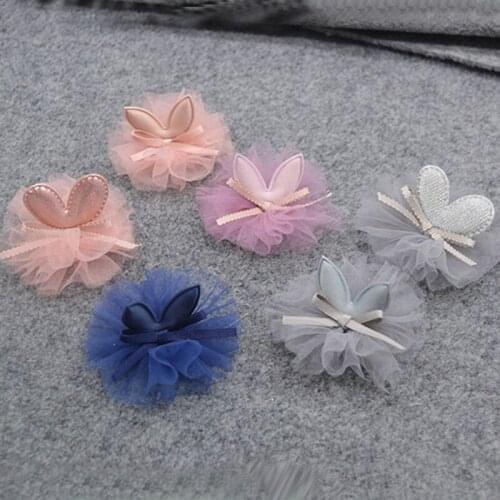 6pcs/lot 7*3.7cm Mesh Flower with Rabbit Padded Appliques for Children Headwear Hair clip Accessories and Garment Accessories
