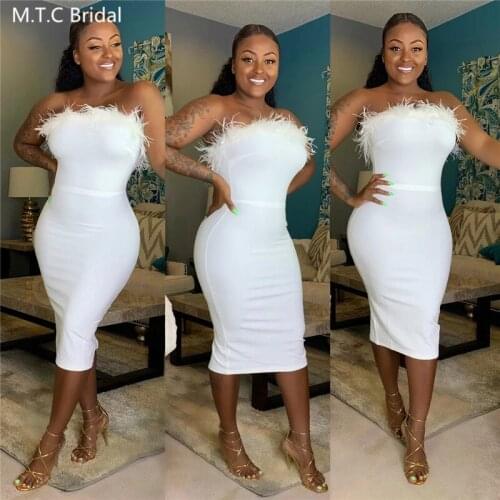 White Short Prom Dresses With Feathers Strapless Sheath Knee Length Sexy Wedding Party Dress Plus Size Black Girls Evening Gown