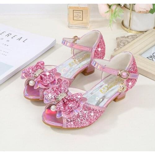 Sandals Girls Princess Shoes High-Heeled Waterproof Non-Slip Shiny Crystal Shoes Pearl Rhinestone Butterfly Knot Children Shoes