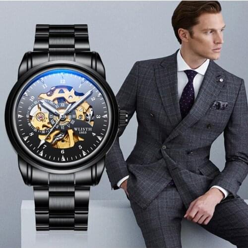 Top WLISTH Brand Men Skeleton Gold Watch Automatic Mechanical Mens Steel Watches Waterproof Self-winding Clock Stainless Steel
