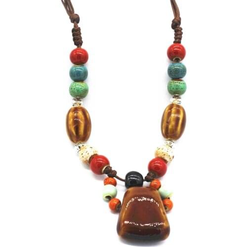 Ethnic Style Ceramic Bead Necklace Tibetan Silver Color Adjustable Handmade Rope Chain Porcelain Pendant Necklace For Women