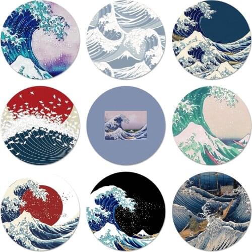Wave Art Japanese Green Illust Classic Icons Pins Badge Decoration Brooches Metal Badges For Backpack Decoration 58mm