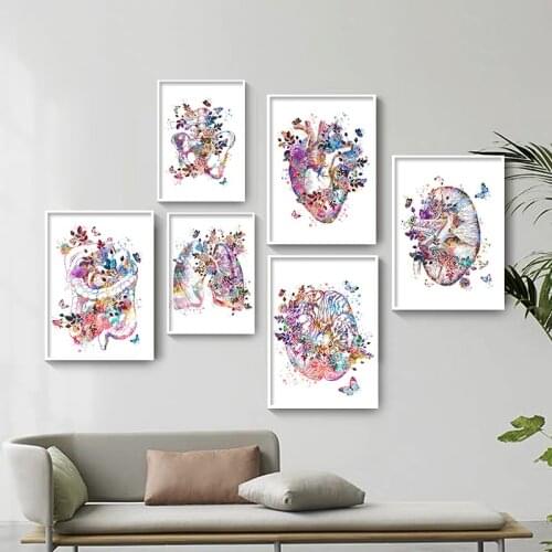 Colorful Flower Human Body Anatomy Canvas Painting Brain Heart Organ Print Posters Wall Art Picture Medical Education Room Decor