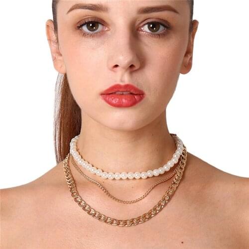 Multilayer Simulated PEARL Choker Necklaces For Women Punk Trendy Gold/Silver Color Chain Necklace Collier Kolye