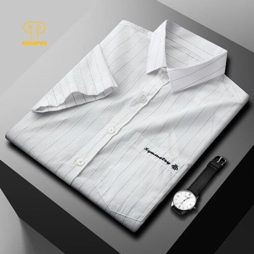 TAVARES Men Dress Shirts Striped Social Office Business Collared Shirt Short Sleeve White Black Casual Shirt