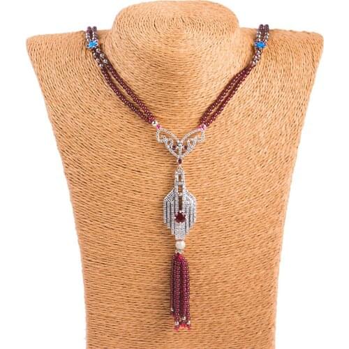 Genuine Natural Red Garnet Crystal Round Stone Beads Lady Nice Sweater Necklace 66MM