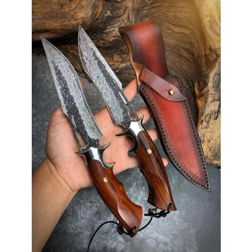 Hot sale High quality VG10 Handmade forged Damascus Steel hunting knife fixed knife ebony handle with Leather sheath