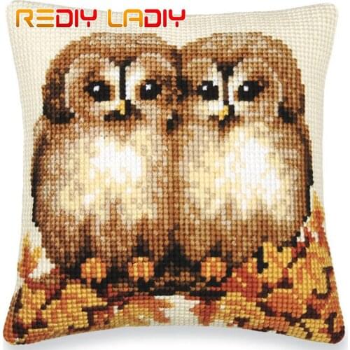 DIY Cross Stitch Cushion Owl Brothers Needlepoint Kits Pre-Printed Canvas Thick Yarn Cross-stitch Pillow Case Arts and Crafts