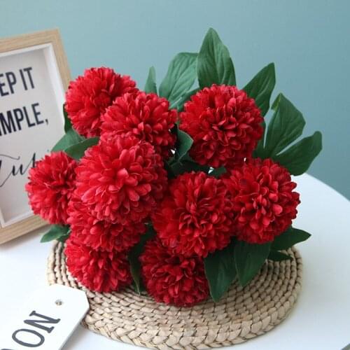 Ball Chrysanthemum Silk Artificial Flower Floral Bouquet Red Fake Dandelion Wedding Flowers Table European Decor Home Decoration