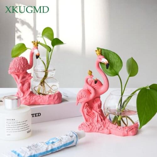 Nordic Style Ins Pink Flamingo Hydroponic Plant Bottle Decoration Resin Desktop Glass Small Vase