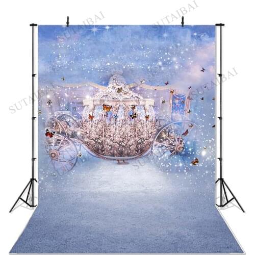 Fairy Tales Cinderella Carriage Butterfly Blue Backdrop Polyester or Vinyl Cloth High Quality Computer Print Wall Backdrop
