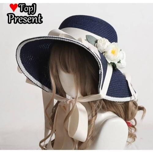 Flower straw hat female summer sunshade hat sun protection Big Brim Hat Hand Made bow Lolita French Lolita hat