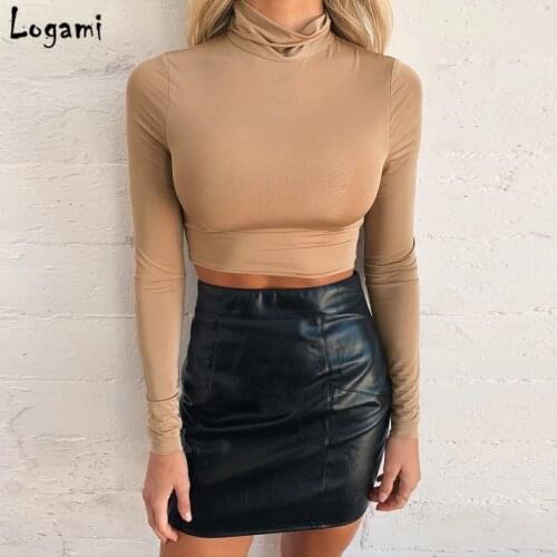 Turtleneck Long Sleeve Crop Top Women Slim Short T Shirt Woman Sexy Spring Summer Cropped