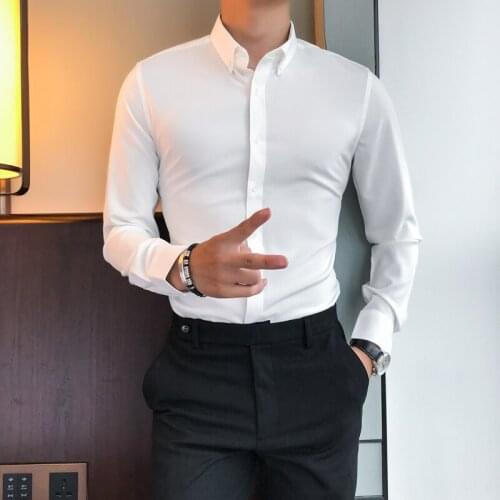 Spring New Mens Shirt Slim Fit Long Sleeve Business Casual Solid Cotton Blend Buttons Front Male Shirts A1