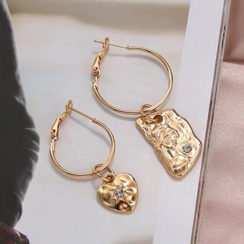Vintage Irregular Gold Color Aesthetic Earrings Geometric Uneven Design Heart Drop Earring Girl Carving Unusual Jewelry 2021