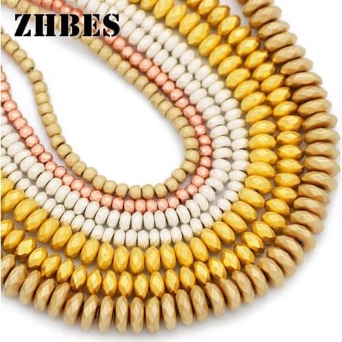 ZHBES 3/4/6/8mm Natural Stone Spacer Gold Faceted Flat Round Matte Hematite Loose Beads For Jewelry Making DIY Bracelet Findings