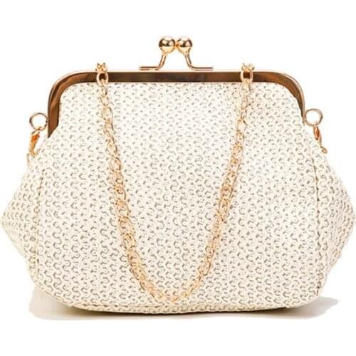 Women Diagonal bag Straw Weave Handbag Purse Mini Kiss Lock Bag Ethnic Style Chain Crossbodies Bag Summer Outdoor Bags