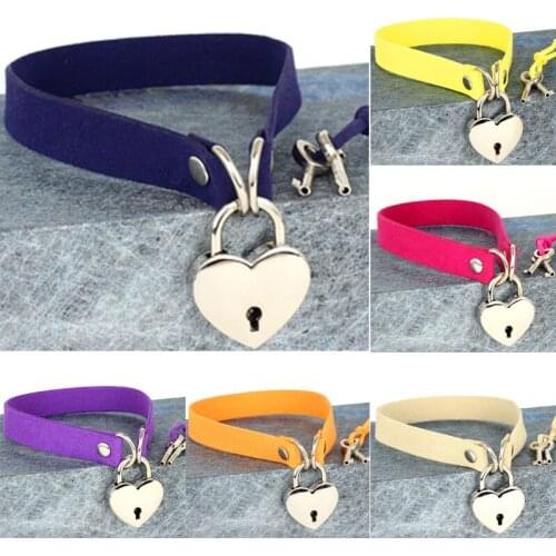 Women Black Leather Heart Necklace Lock Key Choker Necklaces Collar Choker Necklaces Pendant Punk Goth Accessiores Jewelry
