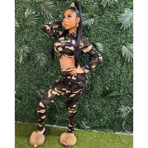 2021 Best Quality Fashion Design Women Set 2 Pcs Longsleeve Short Top Camouflage