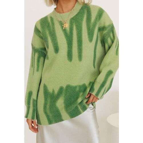 2021 Autumn Winter Knitted Loose Tie Dye Pullover Sweater Women Full Sleeve O Neck Oversized Pull Femme Vintage Long Jumper Tops