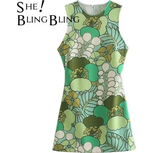 SheBlingBling Green Print Summer Sleeveless Cut Out Back High Waist Women Mini Pencil Dress Female Casual Package Hip Tank Dress