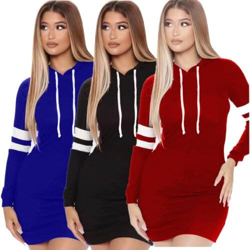 S0205 European and American Womens 2021 Fashion Autumn/winter Sweater Dress Street Trendy Solid Color Striped Hooded Pullover D