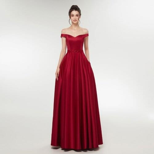 Elegant 2019 Simple Wine Red Evening Dress Ladies formal Length Women Dresses Off The Shoulder A Line Long Prom Dresses