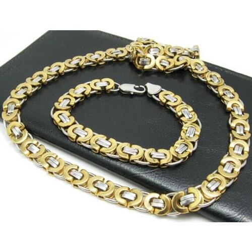 Gold jewelry set Stainless Steel 8mm wide flat byzantine Chain Necklace & Bracelet Set for Men women Holiday Gifts