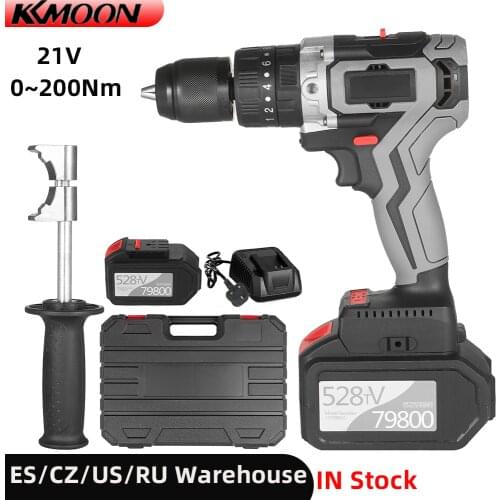 Cordless Electric Drill Driver 21V 6.0A Battery Max Torque 200N.m 1/2 Inch Metal Keyless Chuck 20+3 Position 0-1550RMP Hammer