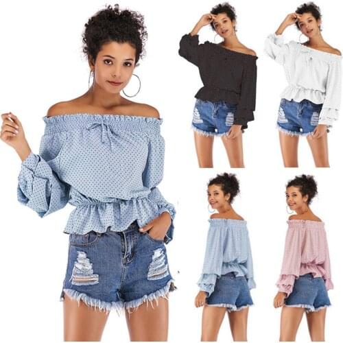 Spring Oversized Blouse Women Street Style Casual Spliced Polka Dot Versatile Chiffon Women Blouses Slash Neck Puff Sleeve Tops