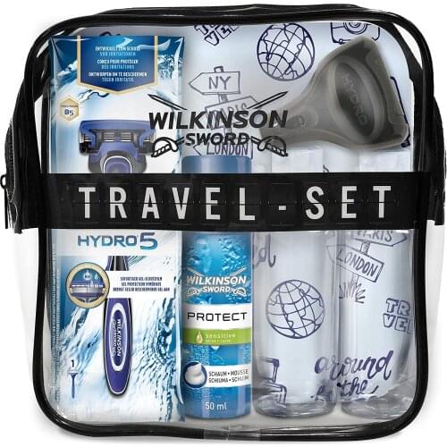 Wilkinson Sword travel Set with 5 leaf shaving machine + travel Protector + foam + 2X refillable boats + toiletry bag