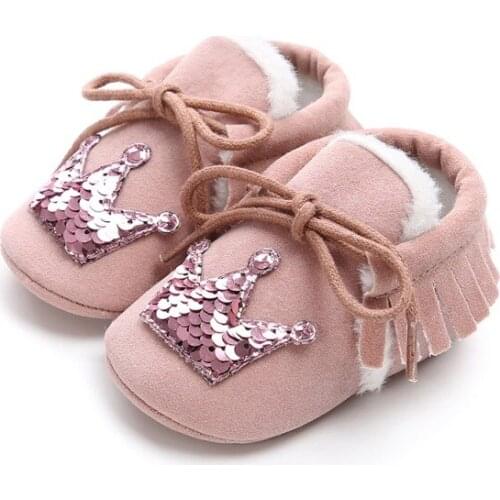 Toddlers Suede PU Leather Shoes Xmas Baby Shoes Moccasins Sequins Crown Infant Prewalker Soft Soled Baby Shoes