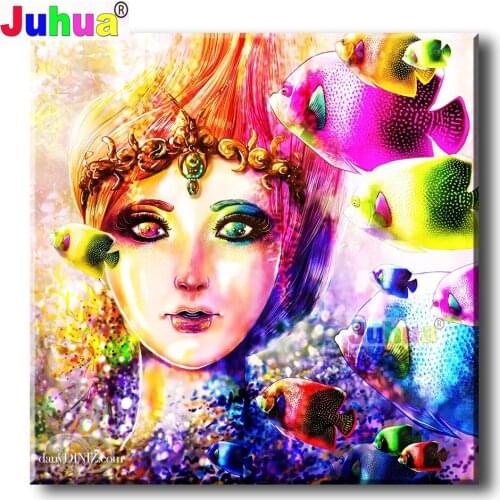Fantasy abstract Colorful Woman Fish 5d diy diamond painting full square round drill rhinestone embroidery kits Animal decoratio