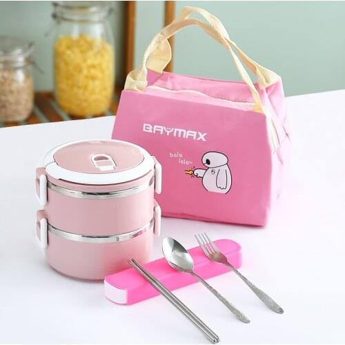 Cartoon Student Children Food Storage Container Stainless Steel Plastic Insulated Thermo Lunch Box Portable Travel Bento Boxs