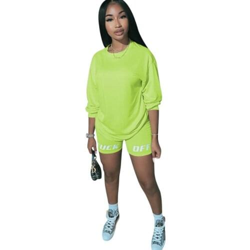 2PCS women fashion long sleeve autumn solid color top t shirt + letter printed shorts outfit set