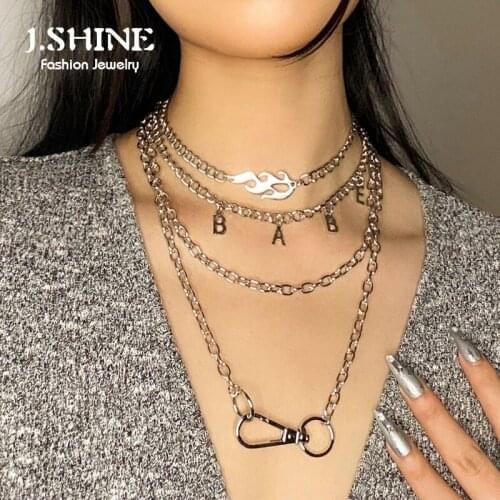 JShine 4Pcs/Set Punk Flame Pendant Necklaces Metal English Letter Carabiner Lock Pendant Multilayer Blaze Choker Chain Necklace