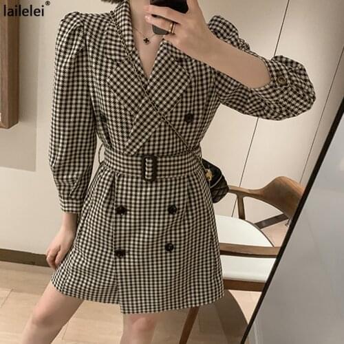 Plaid Puff Sleeve Dress Mini A-line Button Retro Short Robe 2021 Spring and Autumn Office Elegant Short Robe Ladies Clothes