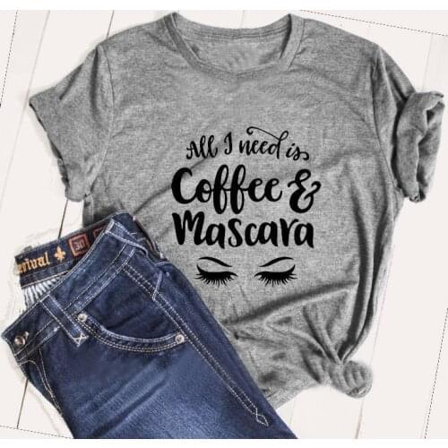 Coffee & Mascara Lashes All I Need Graphic Eyelash Cute Girl Street Style Fashion Women Fashion 90s T-shirt Party Tee Tops-J097