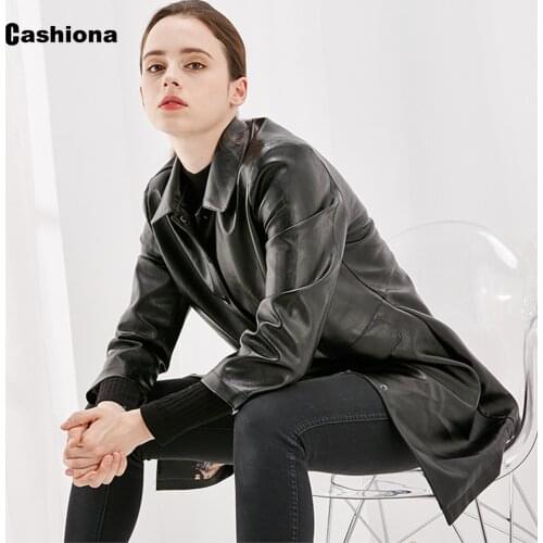 Cashiona 2021 New Faux Pu Leather Jackets Women Long Outerwear Single Breasted Coat Slim Overcoats Black Red Womens Tunic Jacket