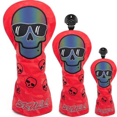 New Design Golf Headcover Set Skull Driver Cover Fairway Wood Cover Hybrid Cover Premium Leather Golf Wood Covers with Red Color