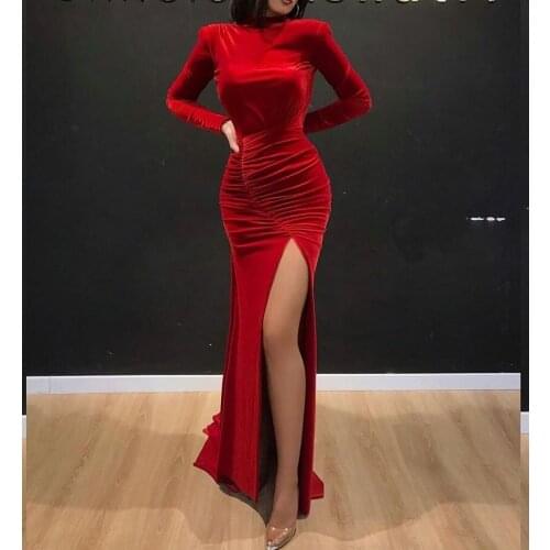 Long Sleeve Mermaid Velvet Red High Neck Evening Dresses with Slit Floor Length Zipper Back Pleated Formal Party Dress for Women