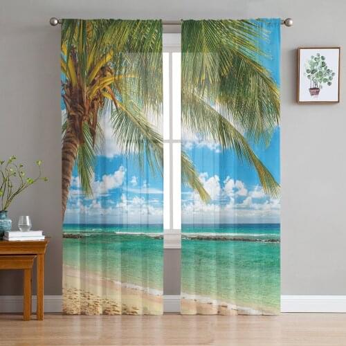 Beach Waves Coconut Trees Sheer Curtains for Living Room Modern Voile Curtain Bedroom Tulle Curtains Window Drapes Decor