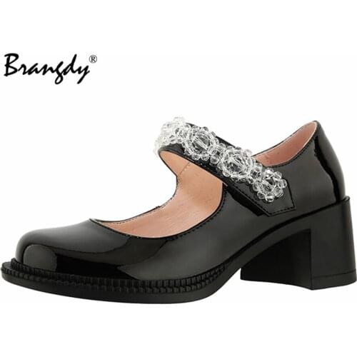 BrangdyWomen Pumps Genuine Cow Leather Thick High Heels Platform Black Pink Summer Autumn Shoes Dress Party Mary Janes shoes