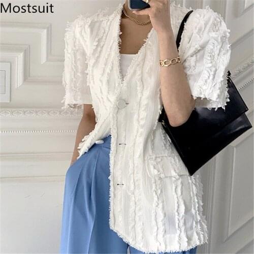Korean Vintage Tassels Jacket Outwear Women Short Sleeve V-neck Single Breasted Loose Solid Fashion Coat 2021