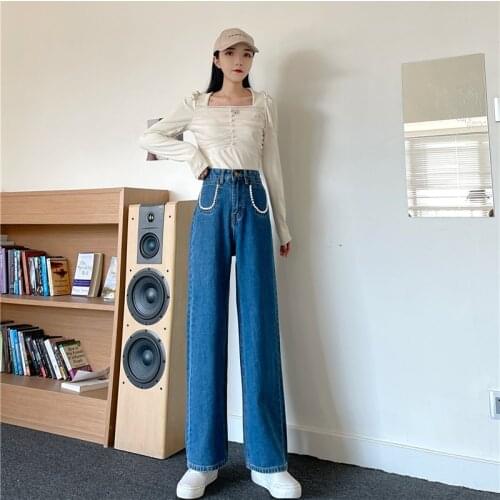 2021 spring and summer Korean style high-waisted jeans womens all-match loose and thin long pants