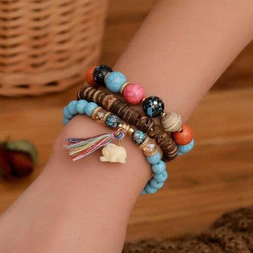 Retro Elephant Elastic Pendant Beads Mixed Colors White Purple Blue Tassel Coconut Husk Bracelets for Women 3pcs/set